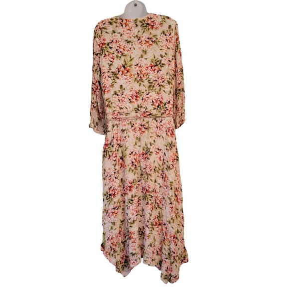 J Jill Floral Midi Belted Dress M Pink Green V Neck Rayon Dainty Feminine Easter - Picture 5 of 8
